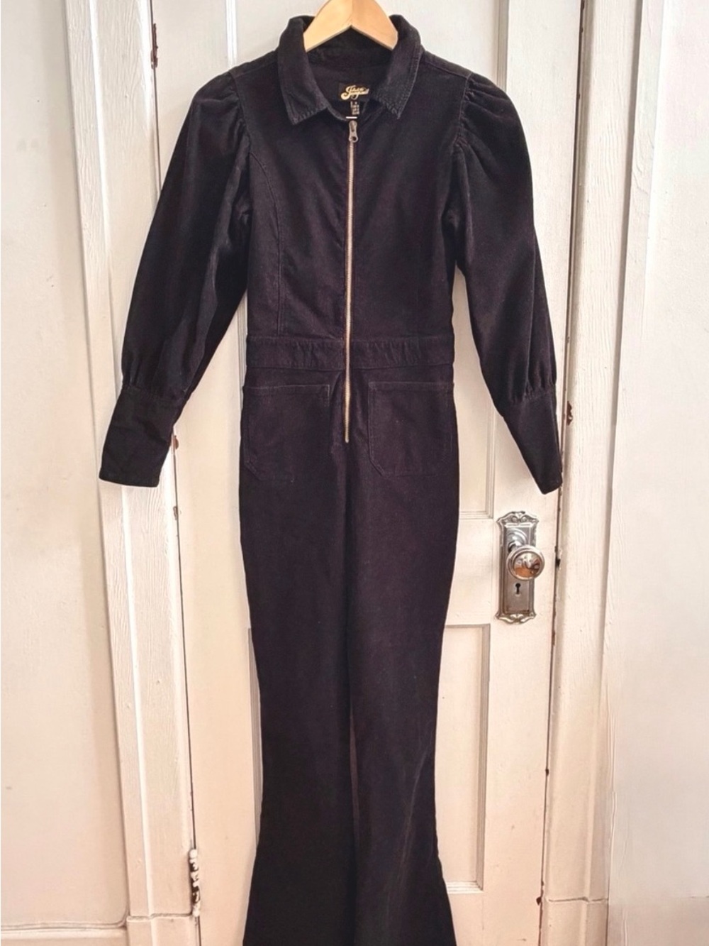 Retro Black Corduroy Long Sleeve Flared Leg Jumpsuit - Vintage Look